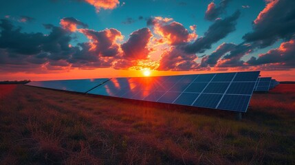 Sunset Over Vast Solar Farm