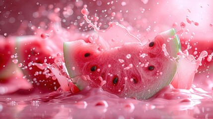 Fresh Watermelon Slices Splashing in Pink Liquid