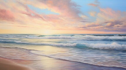 Obraz premium A Serene Sunrise at the Ocean's Edge: Pastel Hues Painting the Horizon with Tranquility