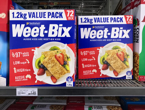 South Australia, Australia &ndash; Circa January, 2024: Weet-Bix breakfast cereal displayed on shelf of supermarket