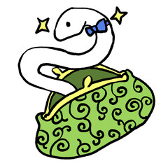 がま口から顔を出す白ヘビ