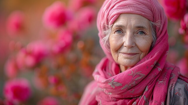 Pink Power: Aging Gracefully with a Pink Scarf and Pink Flowers Generative AI