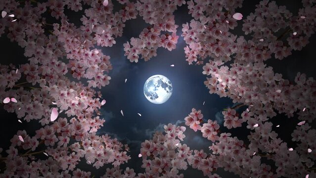 生成 AI による月夜のイメージとそよ風に揺れる夜桜を見上げた風景