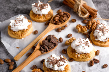 Nut cookies. Homemade shortbread cookies with meringue. On the pastry table.