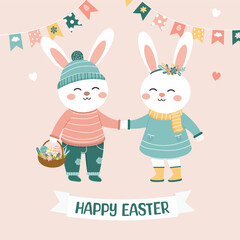 Two Adorable Cartoon Bunnies Celebrating Easter With Decorations And A Basket