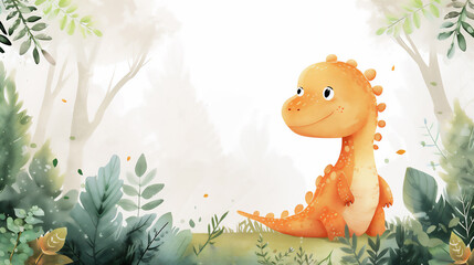 Cute Baby Dinosaur watercolor illustration style. Baby animals for nursery, baby shower, banners and birthday poster decoration. Copy space for text. Generative AI
