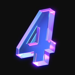 3d rendering of glowing number 4 in the dark. number four sign with neon retro light. 3d illustration with glass gradient material