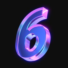 Obraz premium 3d rendering of glowing number 6 in the dark. number six sign with neon retro light. 3d illustration with glass gradient material