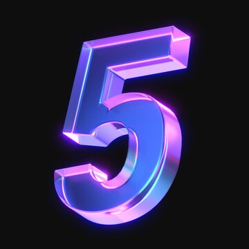 3d rendering of glowing number 5 in the dark. number five sign with neon retro light. 3d illustration with glass gradient material