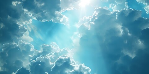 Bright sunrays piercing through fluffy clouds in a blue sky. ideal for backgrounds and nature concepts. tranquil and inspiring. AI