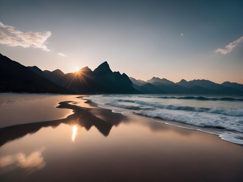 Beautiful Sunset landscape over the mountains and sea with waves crashing on the sand shore