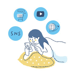 就寝前にスマートフォンを見ている女性