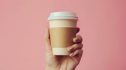 Hand holding a takeaway coffee cup against a pink background. simple and modern style. ideal for cafe and lifestyle concepts. AI