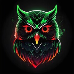 A minimalist logo of a geometric owl with red and green neon colors.