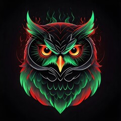 A beautiful minimalist logo of a geometric owl with red and green neon colors.