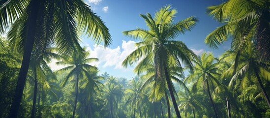 Fototapeta premium A stunning natural landscape of a lush green tropical forest with palm trees under a bright blue sky, illuminated by sunlight.