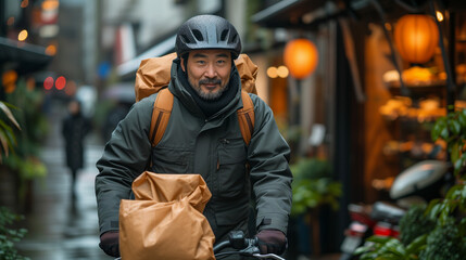Cyclist with helmet and smile, traveling with bag on street for recreation