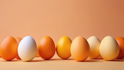 Easter eggs on a background of peach fuzz, natural colored colored eggs, a place for text, The composition "Happy Easter".