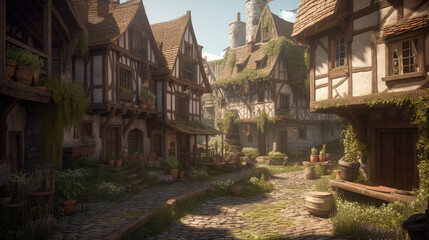 Naklejka premium Backyard of a medieval fantasy village with lush greenery.