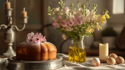 Fototapeta na wymiar Cozy homemade cake on a silver platter with spring flowers. a warm, domestic scene with natural light. perfect for culinary blogs. AI