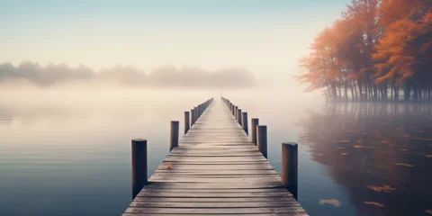 Fototapeten Jetty in the fog. Mystical foggy landscape at the lake. Morning fog in autumn generated ai © Rabia