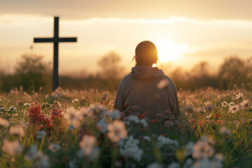 back view of woman sitting on the flowers meadow and looking on cross. Easter tranquil scene - obrazy, fototapety, plakaty