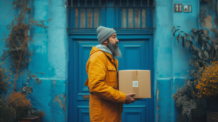 Man with beard holds cardboard box in front of electric blue door on street