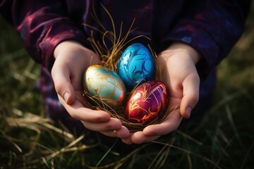 Prismatic Bounty: Jewel-Toned Easter Eggs Held in Tiny Hands, Bathed in Emerald and Azure Light
