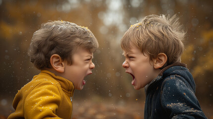 Expressive Brothers in Heated Argument Outdoors in Autumn - obrazy, fototapety, plakaty