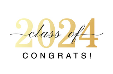 Class of 2024. Congratulations graduates with black and gold design isolated on white background for banner, greeting card, stamp, logo, print, invitation.Graduation event concept. Vector illustration