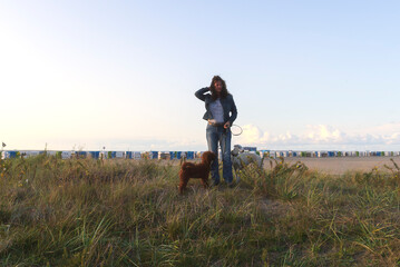 Frau mit ihren Hunden an Nordsee in Norddeich