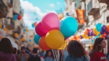 Vibrant balloons in city celebration scene. colorful joy at outdoor festive event. street decor for happy gathering. AI