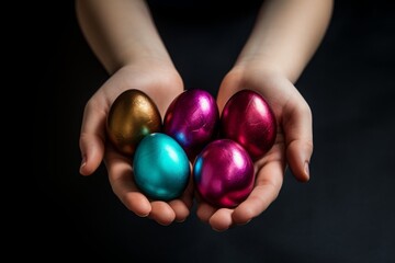 Enchanted Embrace: Glittering Easter Eggs Cradled in Youthful Hands, A Dreamscape in Emerald and Azure