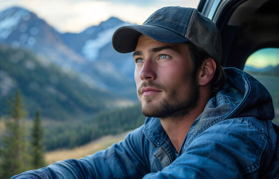 Portrait of a man with a trucker hat on a mountain. Generative AI image.