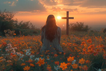 back view of woman sitting on the flowers meadow and looking on cross. Easter tranquil scene