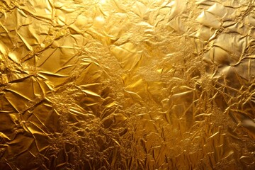Crumpled golden foil texture with glass effect.  Gold foil leaf shiny metallic wrapping paper...
