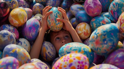 Fototapeta na wymiar A Treasure Trove of Springtime: Heaps of Colorful Easter Eggs Await Discovery. A Symphony of Spring Colors: Heaps of Pastel Easter Eggs Create a Joyful Harmony