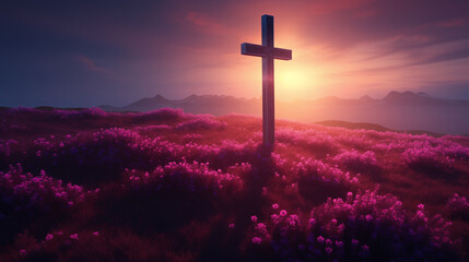 Vibrant cross amidst purple flowers, bathed in sunlight, animated with vivid hues.