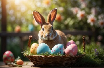 Fototapeta na wymiar Decorated Easter eggs in a basket and a rabbit standing holding a transparent with a garden and tree background with realistic sunlight, for a greeting poster