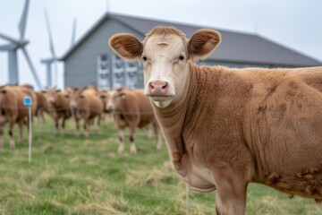Curious cow in foreground with herd and wind turbines in background on overcast day, farm life. Brown and white cow stares intently, herd behind, modern wind turbines juxtapose rural setting.