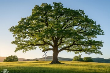 Majestic solitary oak stands in lush field, golden hour sunlight filtering through vibrant leaves. Lone oak tree in verdant field, sunlit leaves, serene backdrop with distant hills, wind turbines
