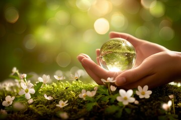 Hands cradle clear globe amidst blooming flowers, symbolizing environmental care and protection. Hands holding glass globe in nature, white flowers around, concept of sustainability and preservation.