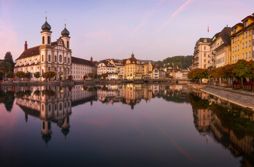 Panorama picture during a colorful morning during sunrise in the city of Lucerne, Switzerland