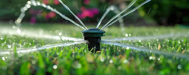 Poster Lawn Sprinkler in Action on Sunny Day. A close-up of a garden sprinkler spraying water over fresh green grass, with blurred floral background. © AI Visual Vault