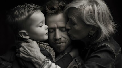 Intimate family moment captured in monochrome, emotive black and white portrait of loving parents with child. serene, timeless, full of love. AI - obrazy, fototapety, plakaty
