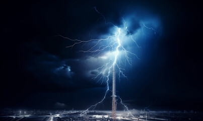 Gigantic tower antenna towering above a modern, industrial city, is hit by the blue lightning in the night storm. Electricity sparks shatter and run down the lightning rod to the ground.