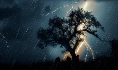 Silhouettes of a group of monkeys sit on the acacia tree in the savannah while the storm is raging. Yellow dangerous lightning strikes in the background Wildlife environment concept endangered spieces