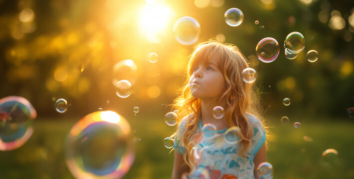 woman blowing bubbles, a excitement of a child blowing soap bubbles in a colorful and sunlit backyard, capturing the carefree spirit of childhood 