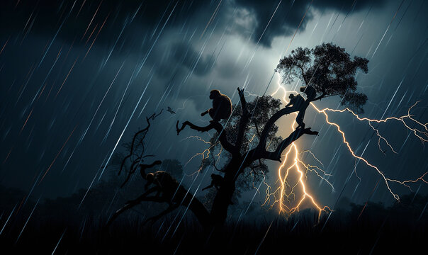 Silhouettes of a group of monkeys sit on the acacia tree in the savannah while the storm is raging. Yellow dangerous lightning strikes in the background Wildlife environment concept endangered spieces