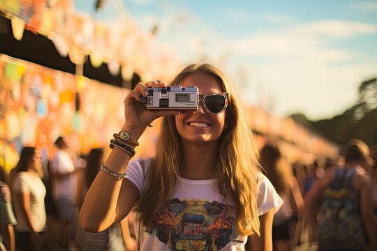 Woman holding Disposable camera at festival